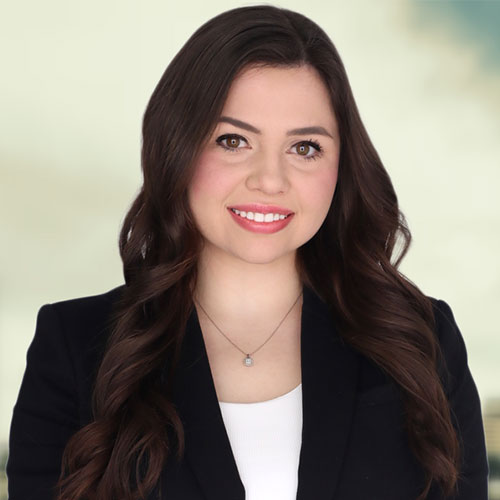 A woman with long, wavy hair wears a black blazer and a silver necklace, set against a soft, blurred outdoor background.